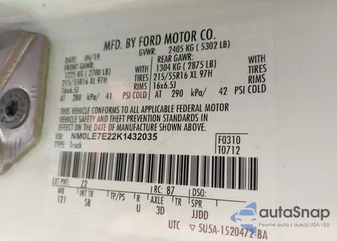 2019 Ford Transit Connect Xl из США, поврежденный, VIN NM0LE7E22K1432035